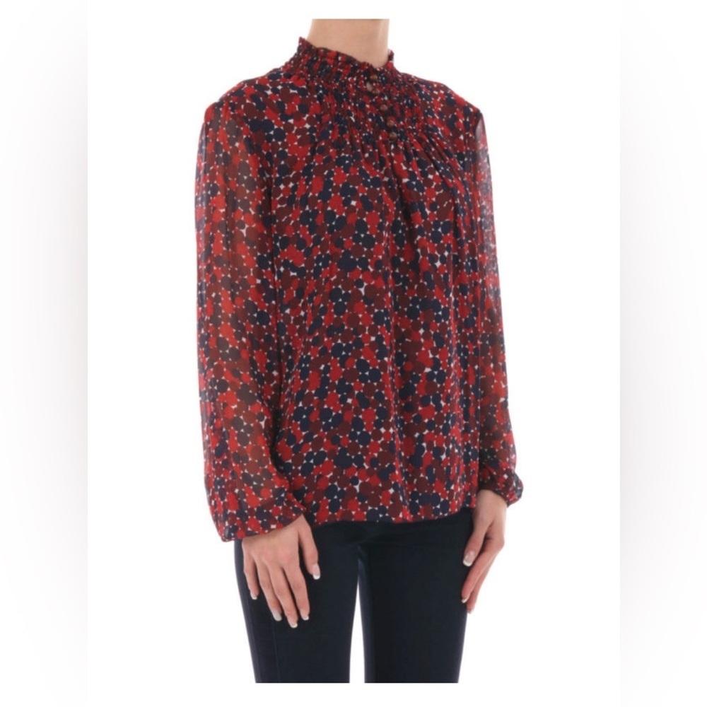 Diane Von Furstenberg 12 silk smocked polka dot Red Fall Holiday luxury blouse